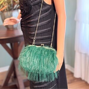 Green Faux Fur Handbag with Pearl Strap